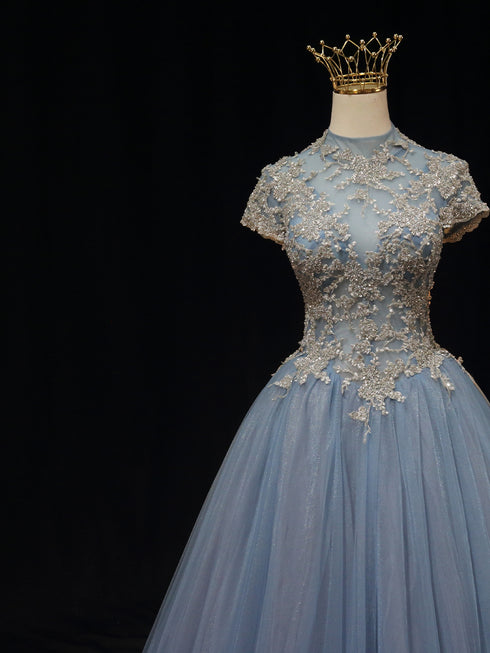 Light Blue High-Neck Tulle Ball Gown Wedding Dress - Embellished Wedding Dress - Aline Ball Gown Wedding Dress Plus Size